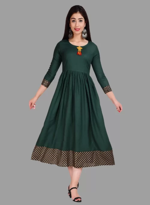 Bottle Green Color Printed Anarkali Kurti