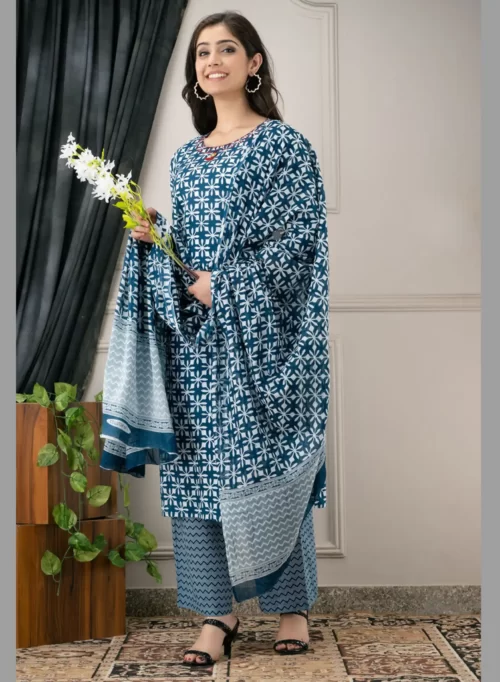 Straight Printed Kurta with Palazzo & Dupatta