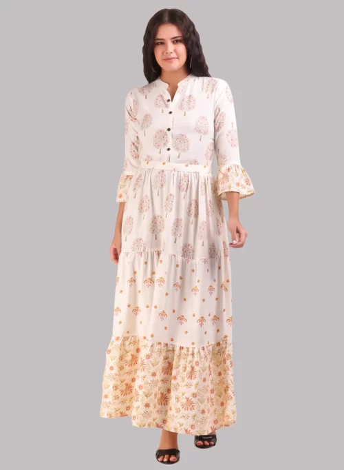 White Long Printed Gown