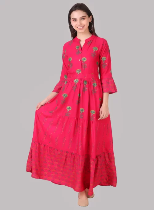 Hot Pink Long Printed Gown