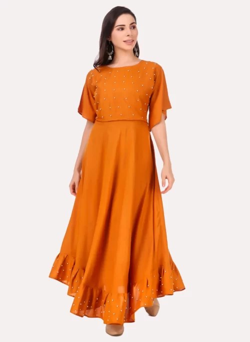 Mustard Solid Moti Work Gown