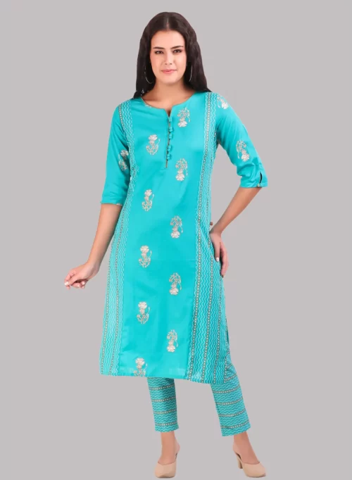Blue Designer Cotton Kurti with Bottom