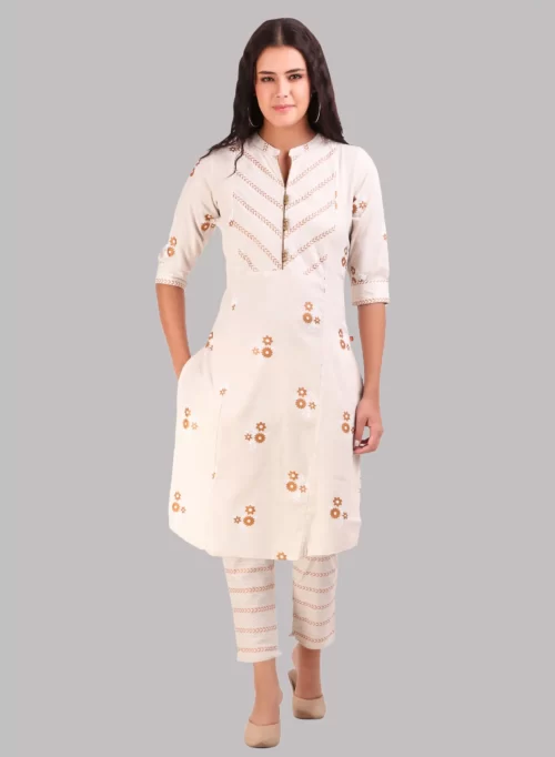 Antique White Cotton Kurti & Bottom