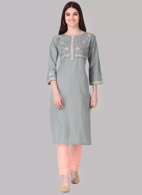 Embroidery Grey Kurti with Bottom