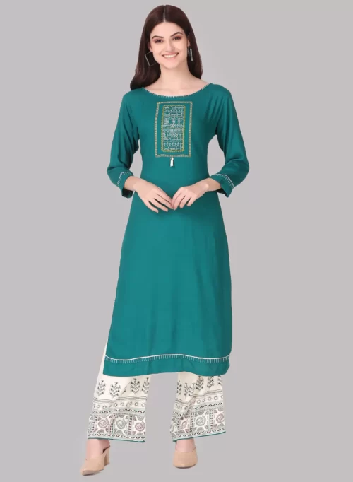 Surfie Green Embroidery Kurti with Bottom