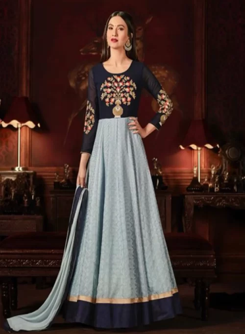 Cadet Blue Party Wear Gown & Dupatta